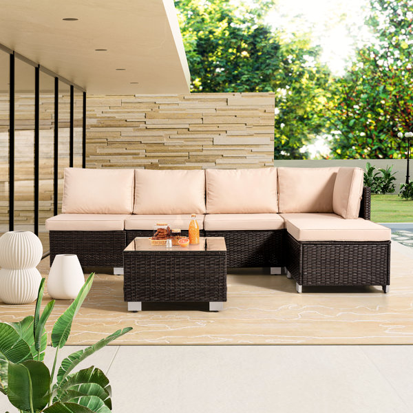 Ebern Designs Yovonda 6 Piece Rattan Sectional Seating Group with